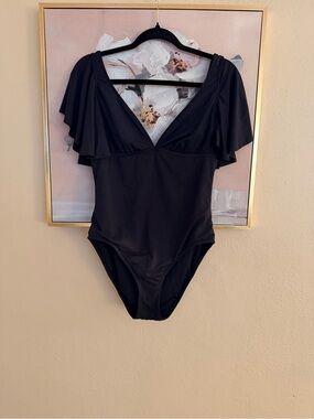 Rod Beattie Black Flutter Sleeve One Piece Swimsuit | Plunge Neck | Size 10